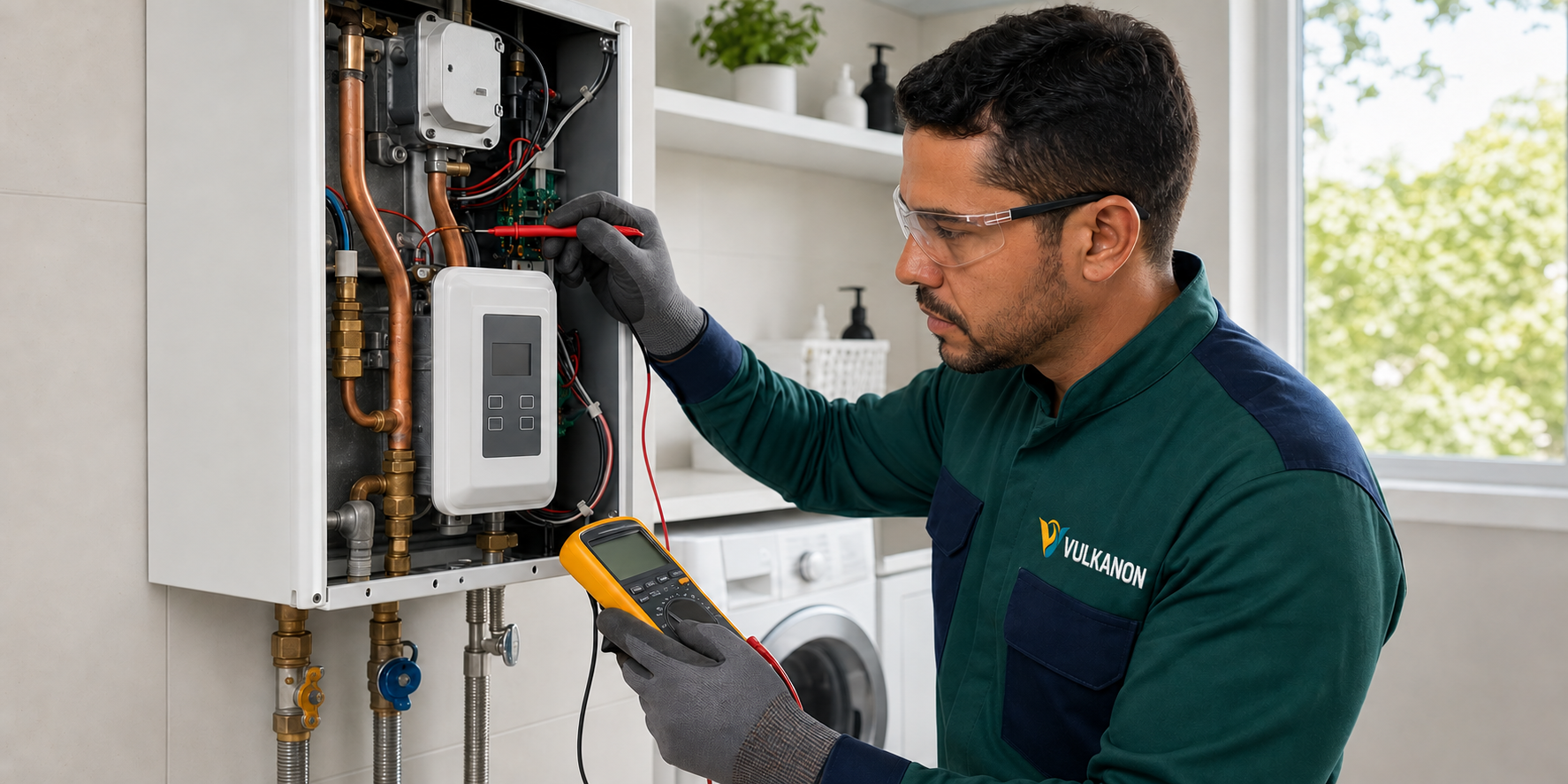 Técnico especialista da VULKANON realizando diagnóstico e manutenção preventiva em aquecedor a gás