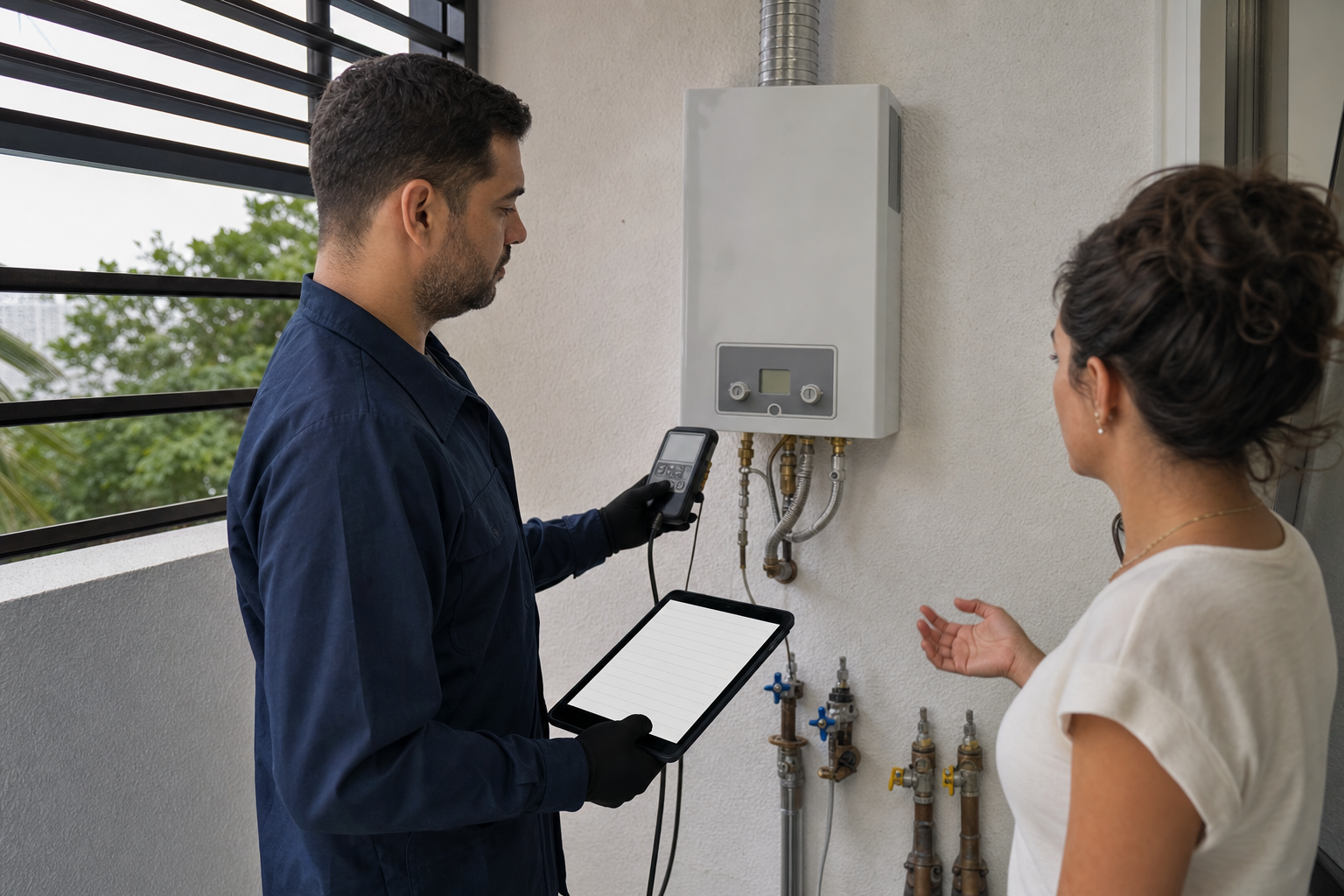 Especialista realizando visita técnica e medindo um aquecedor a gás residencial